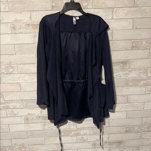 Suede Inspired Navy Blue Synched Waist Open Front Hooded Jacket Size Medium